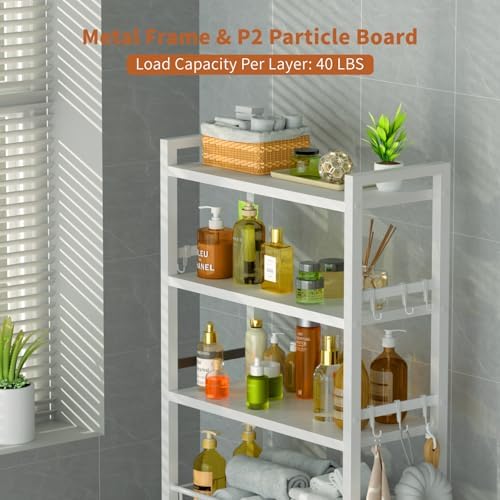 4 Tiers Over The Toilet Storage,Bathroom Organizers and Storage Shelves with Toilet Paper Holder and 9 Hooks,Toilet Rack for Cabinet Organizer,White - Image 3