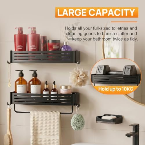 Black Adhesive Square Shower Caddy with Towel Bar, Soap Holder and Hooks - Image 6