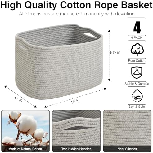 ICERZCZ Storage Baskets for Organizing & Shelves, Woven Cotton Rope Organization Bins for Dog Toys, Clothes, Books, Nursery Organizer, 15"Lx11"Wx9.5"H, (4 Packs) Grey - Image 3