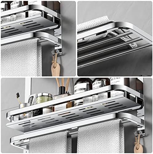 CAXIMSY Towel Rack with Shelf, 22.63" Bathroom Shelf with Double Towel Bars Stainless Steel, Wall Mounted, Foldable Top, 2 Hooks, Adhesive/Screw Install, Space-Saving for Small Bathrooms & Apartments - Image 5
