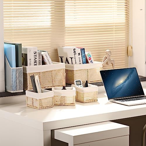 Vagusicc Wicker Storage Basket, Hand-Woven Paper Rope Basket, Rectangular Small Basket for Organizing, Cube Storage Bin for Closet/Clothes/Dresser, Beige, 5-Pack - Image 6