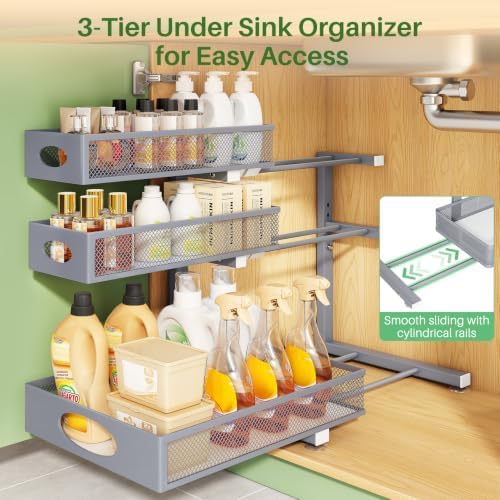 Kitstorack Under Sink Organizer 3-Tier Slide Out Drawer 2-Pack Grey - Image 4