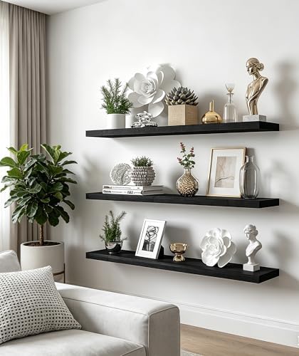 36 Inch Rustic Wood Floating Shelves Farmhouse Wooden Wall Shelves for Bathroom Bedroom Living Room Kitchen Office Set of 4 Black - Image 6