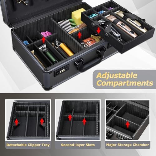 Yueieoun Professional Barber Case with Barber Clipper Tray Organizer, 6 Adjustable Clipper Slots & 8 Shear Holders, Portable Barber Carrying Case for Hair Tools & Supplies with Combo Locks - Image 4