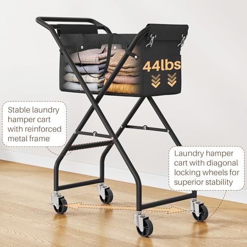 No-Bend Laundry Cart- Rolling Hamper with Locking Wheels & Handle, Foldable Basket Screw-Free Assembly, Durable Metal Frame & Removable Liner Bag for Bedroom & Bathroom (Black) - Image 4