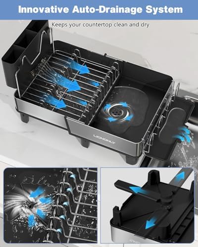 304 Stainless Steel Expandable Dish Drying Rack with Drain Spout, Black - Image 3