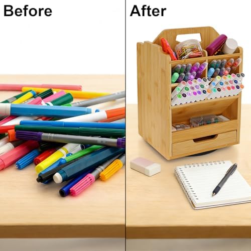 SOUJOY Bamboo Pen Holder Organizer, 360°Rotating Art Supply Storage Caddy, Hold 400+ Pencils, 15 compartments Office Desk Stand Box with Handle for Marker Pens, Colored Pencil, Art Brushes - Image 6