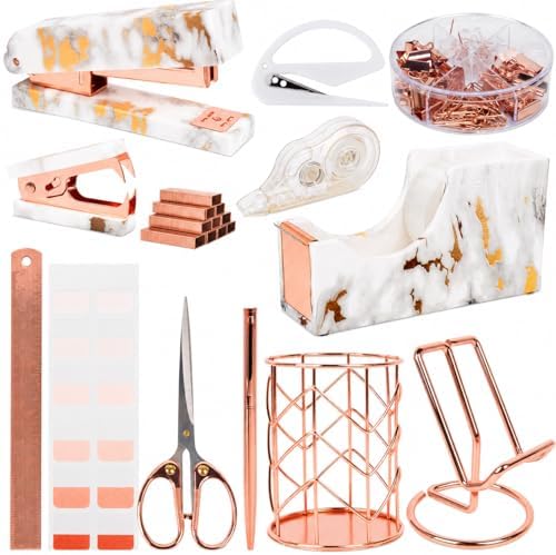 Office Desk Supplies Accessories - Women Marble Desk Decor Set Rose Gold by ChezAbbey