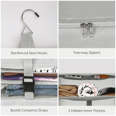 Surblue Hanging Closet Storage Bag Collapsible 3-Shelf Washable Oxford Fabric with 2 Hooks (XL 17.71 * 11.81 * 20in, Light Gray) - Image 6