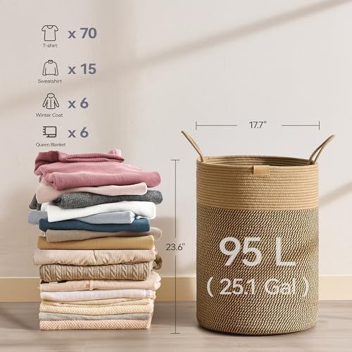 Nunsino Tall Laundry Basket Hamper 95L,Cotton Rope Storage Hamper with Reinforced Handles,Decorative Blanket & Toy Basket for Living Room, Bedroom, Nursery, Dark Brown - Image 6