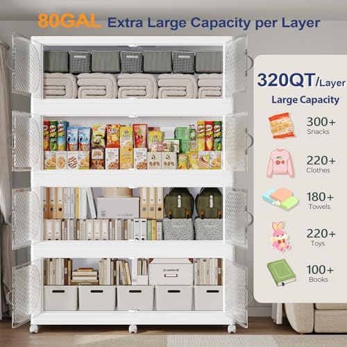 320GAL (1280QT) Collapsible Plastic Storage Bins with Lid & Wheels, Extra Large Stackable Closet Organizers Storage Boxes, Folding Cabinet for Home Kitchen Office, 4Pack White - Image 3