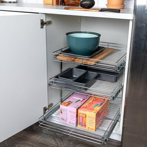 Household Essentials Glidez Multipurpose Chrome-Plated Steel Pull-Out/Slide-Out Triple-Sliding Storage Organizer for Cookware and Bakeware - 3-Tier Design - Fits Standard Size Cabinet or Shelf, Chrome - Image 2