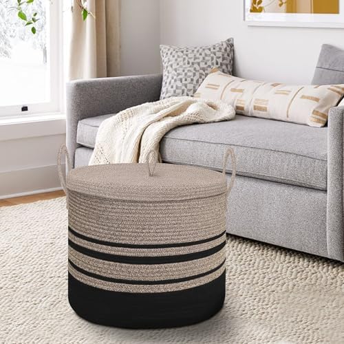 Extra Large Woven Basket with Lid, 18" X 14" Wicker Blanket Storage Basket Living Room, Tall Rope Storage Baskets for Toys, Decorative Kids Toy Bin Box with Cover, Baby Laundry Basket Hamper - Image 6