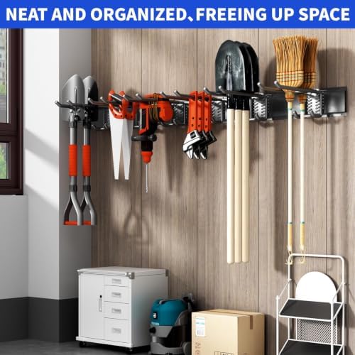 Garage Tool Organizer Wall Mount, 64 Inch Heavy Duty Garden Tool Organizer Storage System, Easy Install with 8 Adjustable Hooks, for Garage, Basement, Shed, Workshop, Black, Steel - Image 7