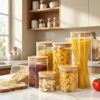 HomArtist Square Glass Jars with Bamboo Lids [Muti Size Set of 5], Glass Canisters with Airtight Lids, Glass Food Storage Containers for Pasta, Cereal, Flour, Sugar, Best for Kitchen & Pantry - Image 2