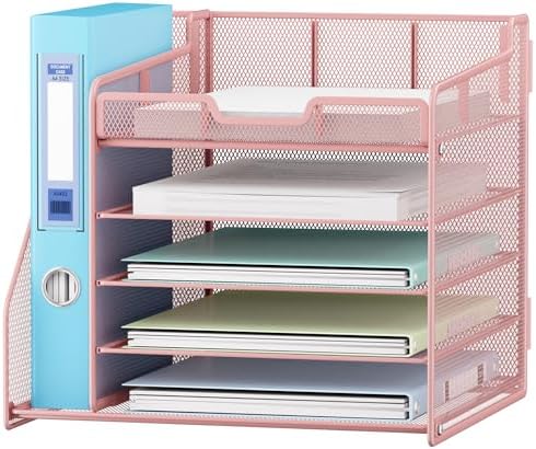 Lavatino Desk Organizer, 5-Tier Metal Mesh Paper Letter Tray with File Holder & 7 Flexible Dividers for Office or Home Desk Organizers and Accessories, Keep Workspace Supplies Neat & Organized, Pink - Image 2
