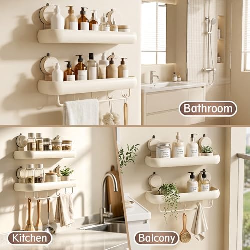 Shower Caddy Suction Cup, 2 Pack Cream White No Drilling Corner Shower Shelves, Detachable and Reusable Bathroom Organizer with Removable Hooks & Towel Bar - Image 6