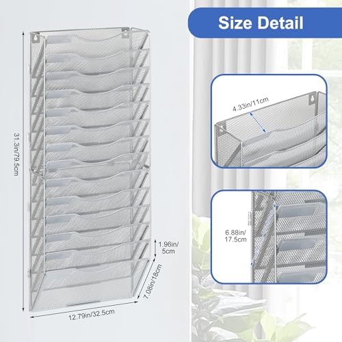EasyPAG Wall File Organizer for Office 14 Pocket Mesh Wall Mounted Paper Organizer Hanging Folder Holder with Nametag Label for Home School, Silver - Image 2
