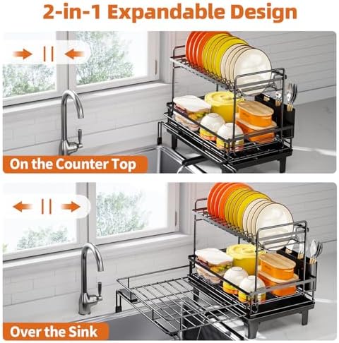 Urackify Expandable Sink Dish Drying Rack for Kitchen Counter, 2-Tier Black - Image 3