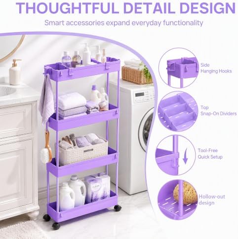 SPACELEAD Slim Storage Cart 3 Tier,Bathroom Organizer Rolling Utility,Mobile Shelving Unit Slide Out for Office, Kitchen, Laundry Room & Narrow Places,Purple - Image 3