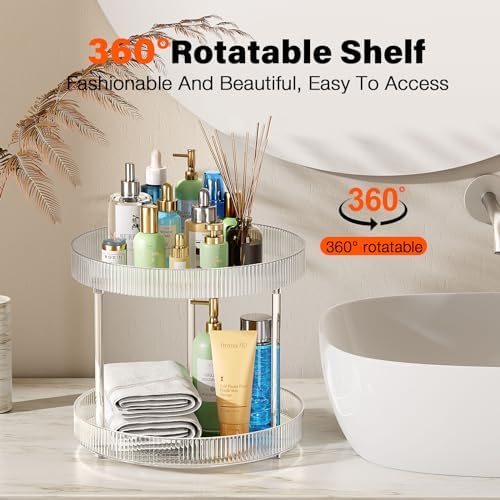 Acina 2-Tier Bathroom Countertop Organizer: 360° Clear Lazy Susan Rotating Storage Tray - Spinning Perfume Cosmetics Vanity Shelf for Bathroom Cabinet, Kitchen (Large) - Image 2