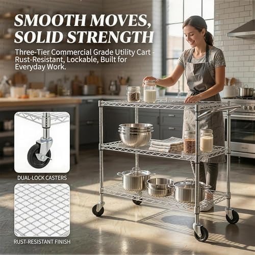 Finnhomy 3 Tier Heavy Duty Commercial Grade Utility Cart, Wire Rolling Cart with Handle Bar, Steel Service Cart with Wheels, Kitchen Carts on Wheels, Metal Cart Shelf Size 24" D x 36" W, NSF, Chrome - Image 5