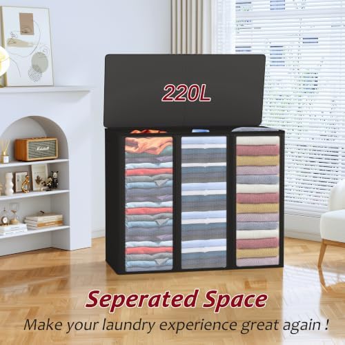 220L Laundry Hamper 3 Section,Large Laundry Hamper with Lid,Dirty Clothes Hamper with 3 Inner Bags,Collapsible Laundry Basket Organizer for Laundry Room,Bedroom,Laundry Sorter Hamper 3 Compartment - Image 4