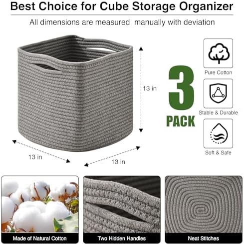 ICERZCZ 13 Inch Cube Closet Storage Bins, Woven Cotton Rope Organizer Baskets for Organizing & Shelves, Books, Towels, Clothes, Toys, 13x13x13 in, Grey (Pack of 3) - Image 2