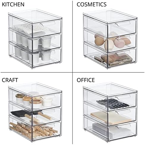 mDesign Plastic Stackable 3-Drawer Kitchen Storage Organizer - Bin with Divided Pull-Out Drawers for Pantry, Shelf, Fridge/Refrigerator, and Freezer Organization - Lumiere Collection - Clear - Image 6