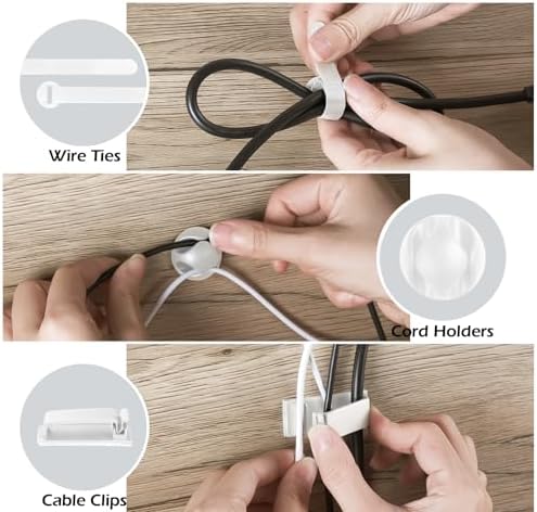 KHAMAL Cable Management Under Desk 52PCS - Cable Management Tray Kit Ventilated Hexagonal Design with Cable Clips, Wire Ties, Cord Holder & Screws for Office, Home - 4 White Sets - Image 3