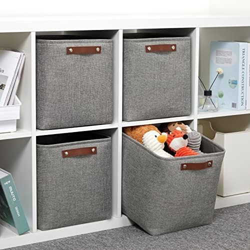 DULLEMELO 12 inch Cube Storage Bins, Large Collapsible Grey Storage Baskets for Square Cubes Organizing, Fabric Boxes Bins for Shelves Nursery Home Office Storage(4 Pack - 12" Grey) - Image 4