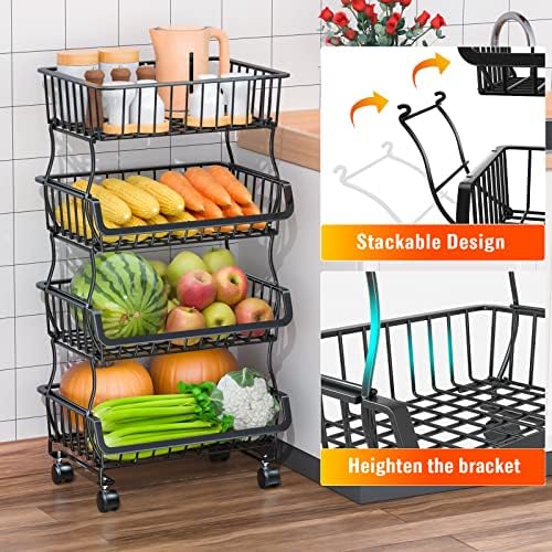 Gsiekare Fruit Vegetable Basket for Kitchen, 4 Tier Stackable Metal Wire Storage Basket Organizer Baskets with Rolling Wheels, Utility Rack for Kitchen, Pantry, Bathroom - Image 3