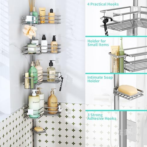 HapiRm Corner Shower Caddy Organizer - Shower Organizer Corner with Soap Holder, Toothbrush Holder and 4 Hooks, Rustproof Bathroom Shelf Tension Pole Available for 27.6 to 108.3 Inch - Silver - Image 2