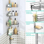HapiRm Corner Shower Caddy Organizer - Shower Organizer Corner with Soap Holder, Toothbrush Holder and 4 Hooks, Rustproof Bathroom Shelf Tension Pole Available for 27.6 to 108.3 Inch - Silver - Image 2