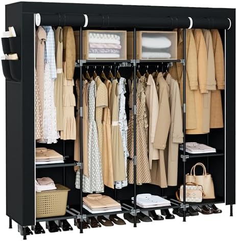 CASAMAYA Portable Closet, 66.9 Inch Large Capacity Wardrobe Closet with Cover, Clothes Storage Organizer with Shelves and 4 Hanging Rods, Easy to Assembly, Black PCT204B01 by Unknown