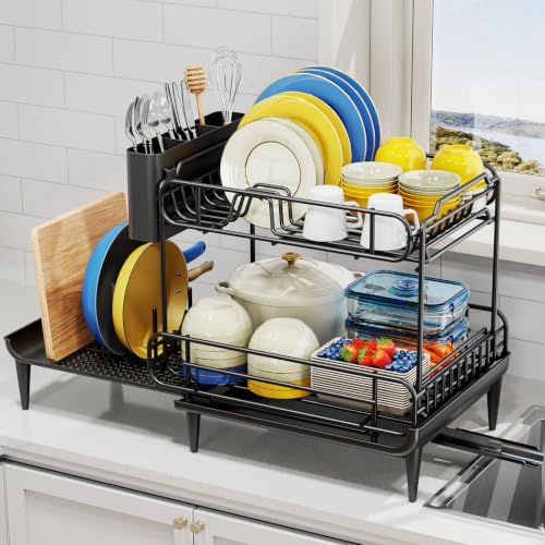Urackify Dish Drying Rack for Kitchen Counter, Expandable 2 Tier Dish Rack, Large Capacity Dish Drainer with Drainboard Multifunctional Dish Strainer with Removable Cutlery Holder Black by Urackify