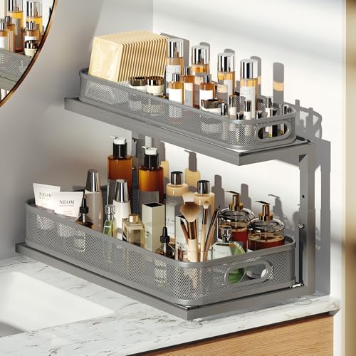 2-Pack 21.3 IN Depth Under Sink Organizer With Next-Gen Ball-Bearing Slides,Sophisticated Mesh 2-Tier Pull Out Shelf for Kitchen & Bathroom,Fits Small Items-Gun Gray - Image 7