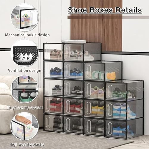 12 Packs Clear Plastic Shoebox With Magnetic Door, Large(13" × 9" × 5.6") Stackable Shoe Box Storage With Lids, Multifunctional Sneaker Containers, Toy Storage, Space-Saving Shoe Rack Black - Image 6