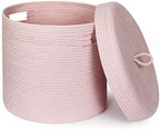 Storage Basket with Lid, Woven Blanket Storage for Living Room, Soft Cotton Rope Bin with Lid, Round Wicker Laundry Basket with Cover, Lidded Kid Dog Toy Box, Nursery Organizer, 15"x13", Pink by Unknown