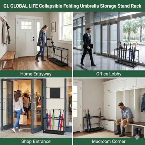 Folding Umbrella Storage Stand Rack Holder Organizer Free Standing Industrial Umbrella Rack for Entryway Home Commercial Office Hotel Entry Hallway Patio Décor with Removable Drip Tray - Image 2
