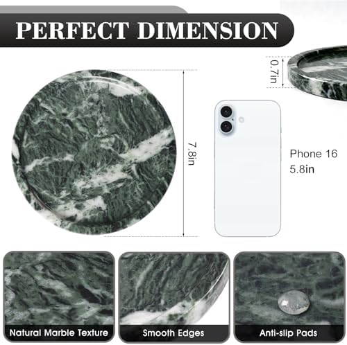 Natural Round Marble Tray - 7.8" Marble Vanity Tray for Dresser, Bathroom, Decorative Jewelry Dish for Perfumes Rings Earrings Necklaces, Stone Tray for Home Décor, Green - Image 2