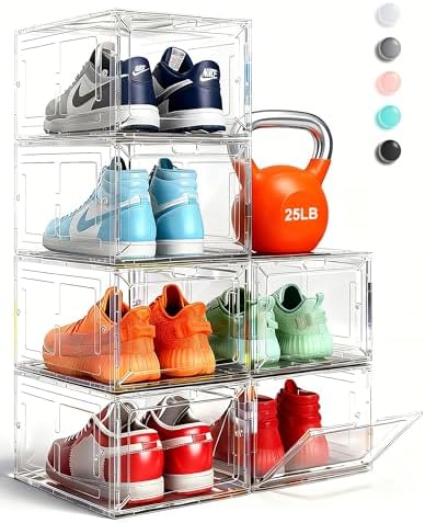 Thick & Sturdy Clear Shoe Boxes with Magnetic Front Door, Stackable Plastic Sneaker Storage Organizer for Closet, Space-Saving Foldable Shoe Containers for Boots & Heels, Durable Shoe Cabinet, 6 Pack by Fraphil