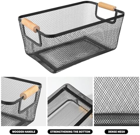 2 Pack 12" Wide Metal Mesh Baskets with Bamboo Handles for Pantry Organization | Wire Storage Bins for Kitchen, Cabinet, Fruit & Snacks | Decorative Farmhouse Style Organizer - Image 3