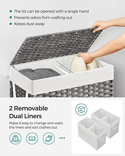 SONGMICS Laundry Hamper with Lid, 130L Double Wicker Basket, 6 Mesh Bags - Image 3