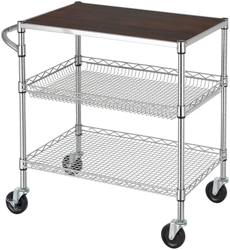 Finnhomy 3 Tier Heavy Duty Commercial Grade Utility Cart with Wood Top, Wire Rolling Cart with Wheels and Handle Bar, Kitchen Carts on Wheels, Metal Cart with 600 LBS Capacity, Chrome by Finnhomy