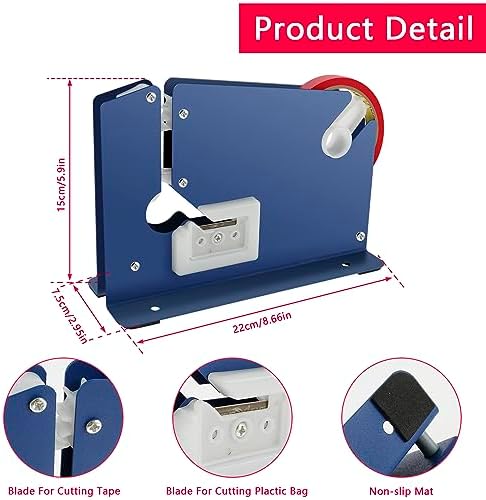 Tape Bag Sealer with 7 Bag Sealing Tape Manual Bag Sealer Metal Taper Dispenser with Trimmer Cutter Anti-Slip Supermarket Store Bag Sealing Machine for Home Bakery Supermarket - Image 4