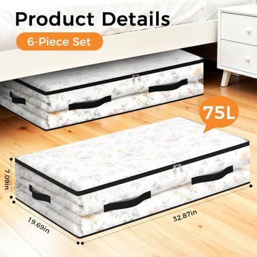 6 Pack Under Bed Storage Bags, 75L Foldable Clear Containers with Handles - Image 2