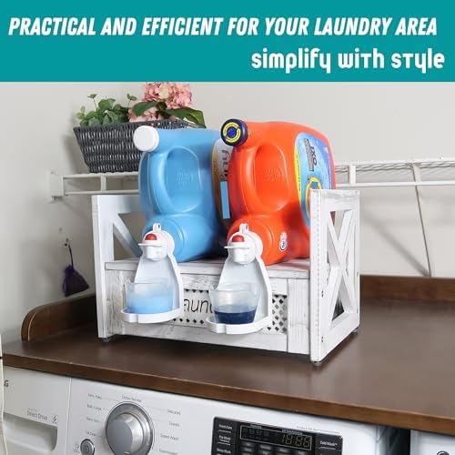 Farmhouse Laundry Detergent Holder – Wooden Laundry Soap Organizer and Dispenser, Storage Shelf for Liquid Detergent & Fabric Softener Tubs, Rustic White - Image 6