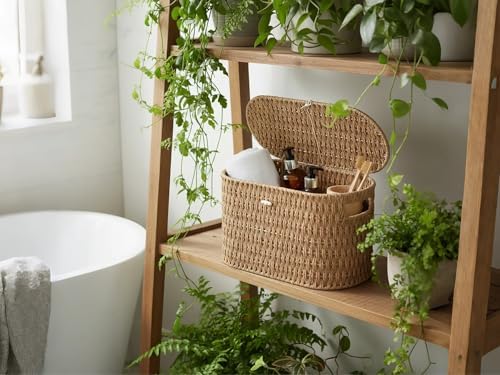 Coeusy Toilet Paper Storage Basket with Lid, Paper Rope Wicker Basket for Bathroom Organizers and Storage, Toilet Paper Holder for Up to 6 Mega Rolls, Boho Hand-Woven Decorative Decor, Natural - Image 7