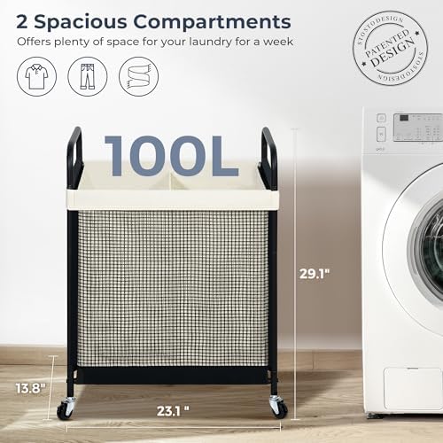 STO STO Laundry Hamper 2 Section, 100L Rolling Laundry Sorter Cart with Removable and Washable Liner Bag, Clothes Hamper with Wheels and Metal Handle for Laundry Room and Bedroom - Image 6